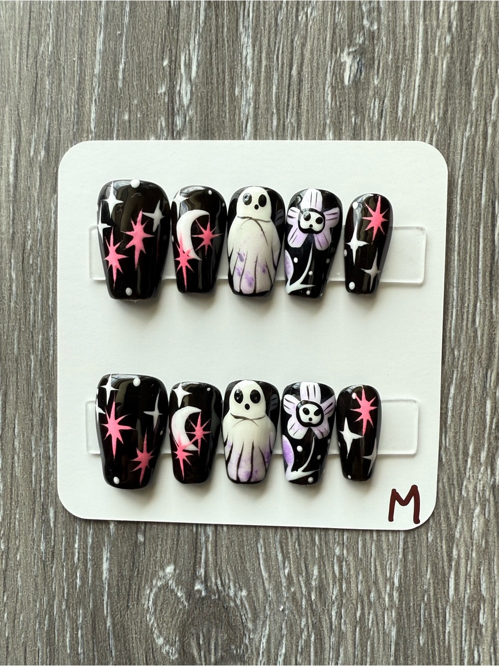 Black & Pink Ghost Art Press-On Nails — Spooky Floral Set